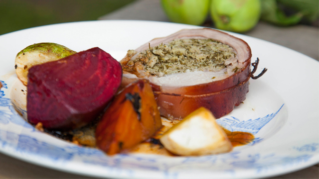Porchetta with red and golden beets