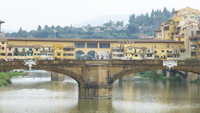 A view of the Arno River from the Ponte Vecchio in Florence, Italy.