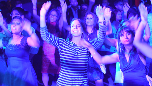 Mickela dancing Basement Bhangra to the music of DJ Rekha.