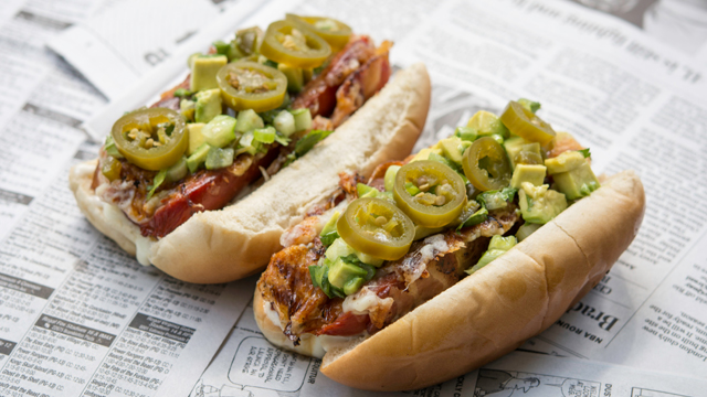 Bacon cheese dogs with avocado relish