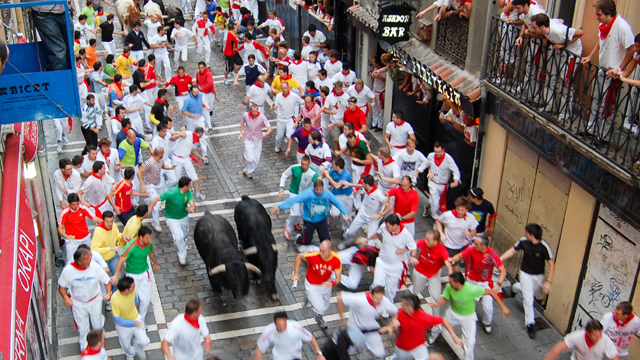 Running of the Bulls in run in Pamplona, Spain.