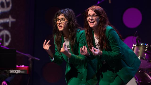 Perfect harmonies and exacting choreography punctuate Megan Mullally (right) and Stephanie Hunt’s (left) quirky, vaudevillian-style show.
