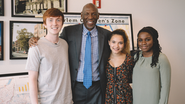 Harlem Children’s Zone President Geoffrey Canada, second from left, poses with poses with James, Estephanie and Esther after hs interview about activism.