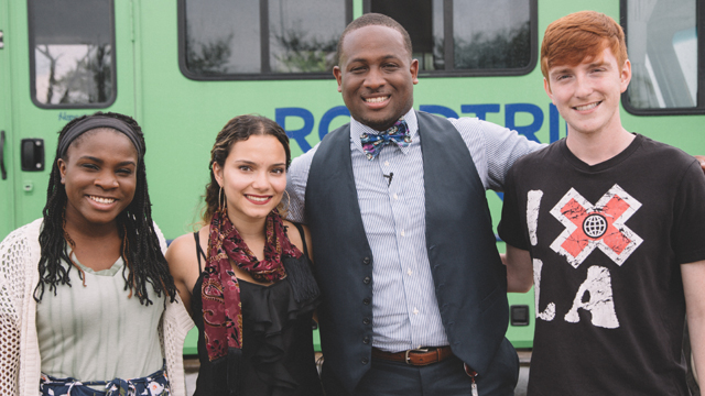 Second from right, Tristan Love, who made it out of gang violence to become a vice principal, poses with the road-trippers before they take off from Houston.