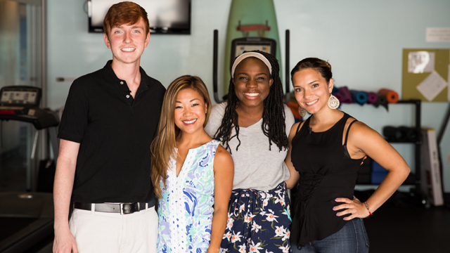 James, Paralympian Scout Bassett, Esther and Estephanie pose for a photo together after wrapping up an emotional conversation about pushing through hardships.