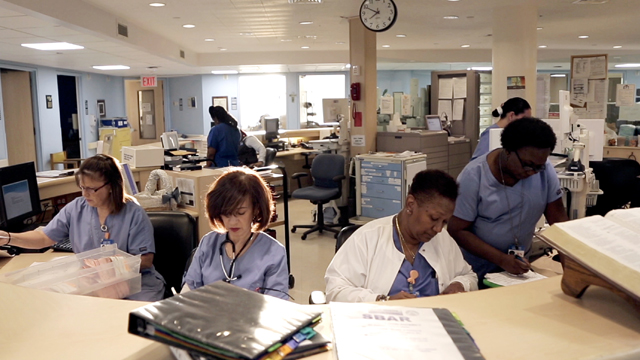 The nurses station at Calvary Hospital in The Bronx.