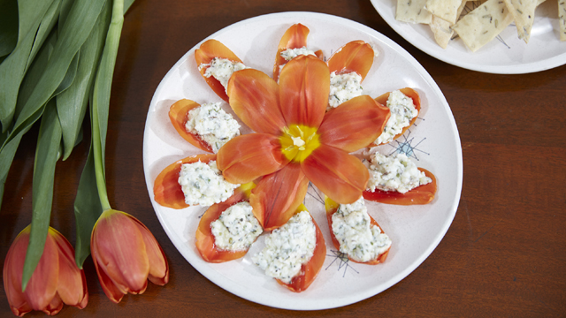 Herbed goat cheese on edible tulip petals